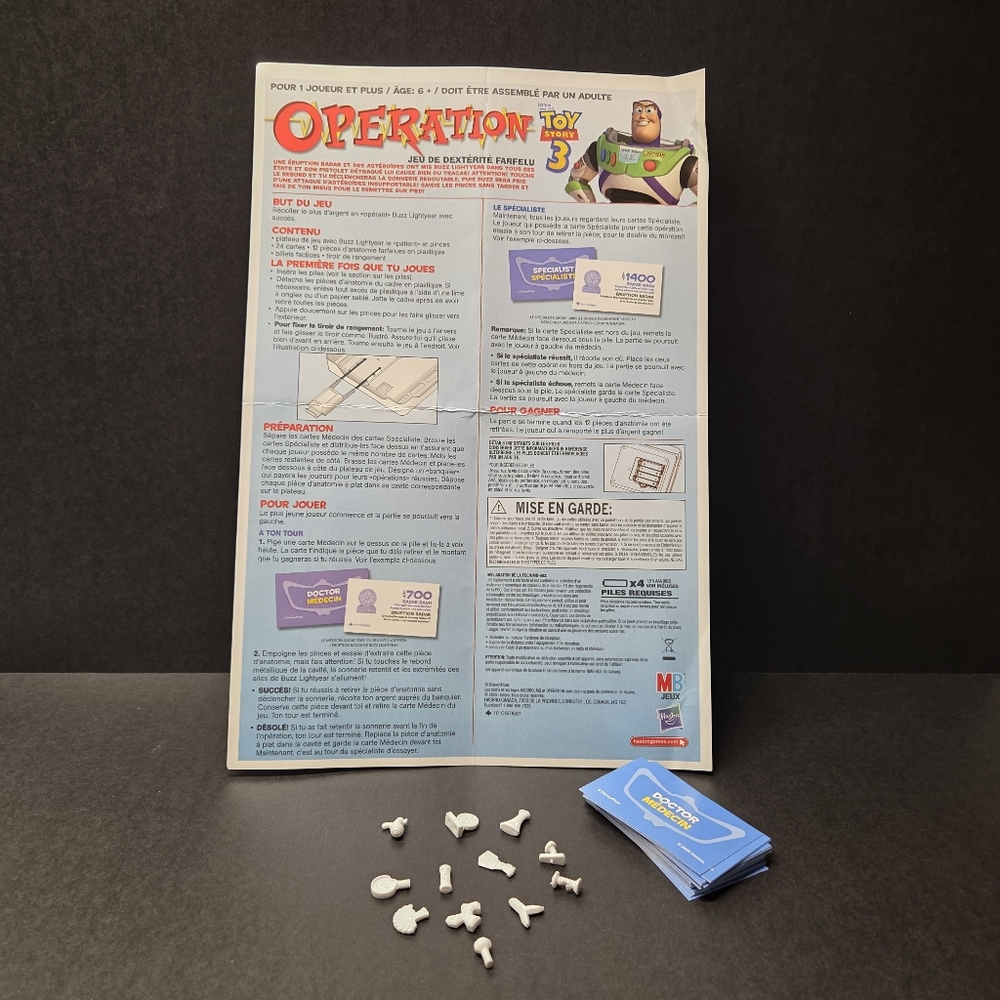 Operation: 2009 Toy Story 3 REPLACEMENT PIECES Instructions, Pieces And Cards